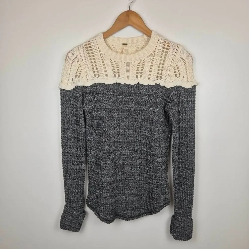 Free People Chunky Knit Colorblock Sweater Marled Crochet Boho Edwardian